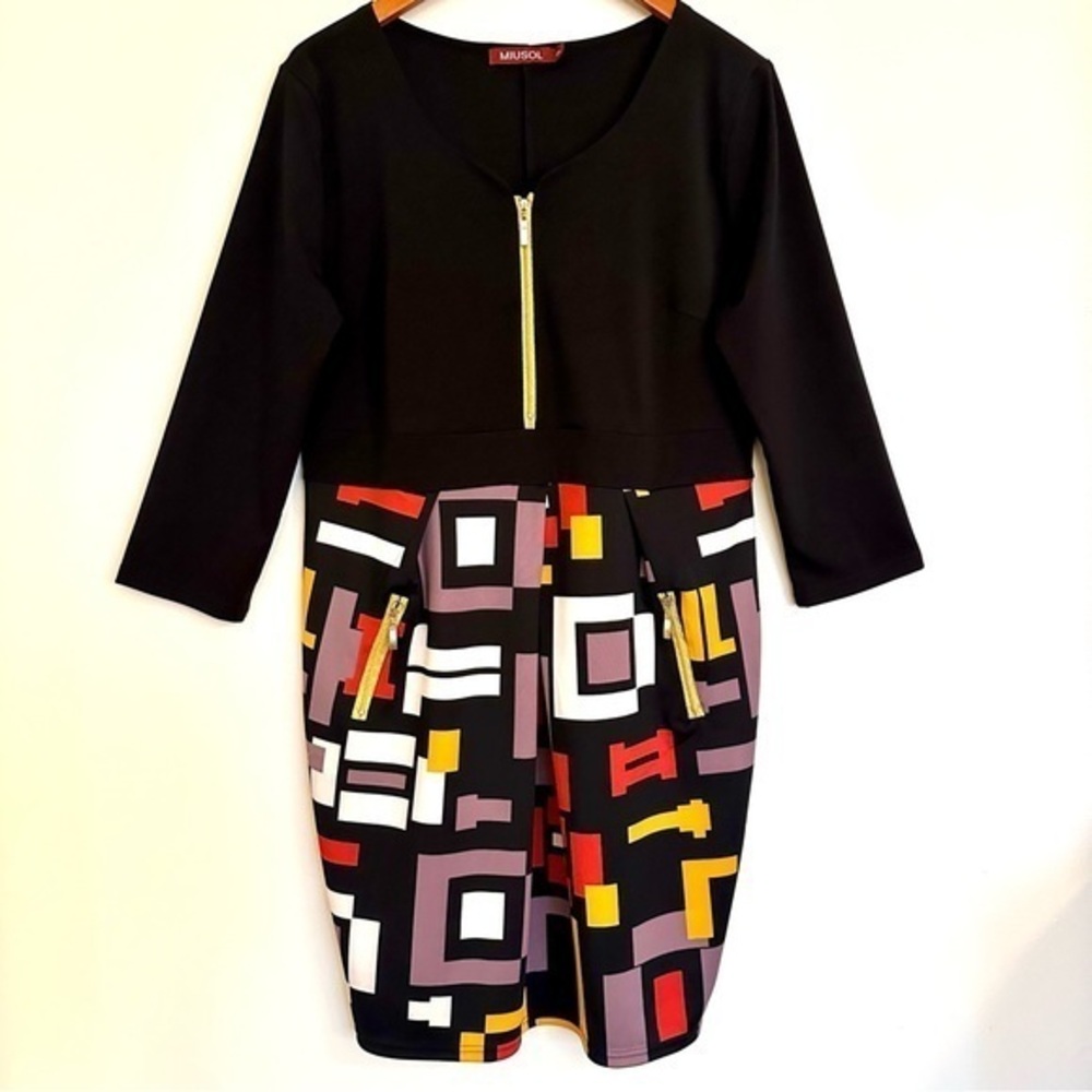 Miusol Black with Multicolored Geometric Print Dress Size 2XL